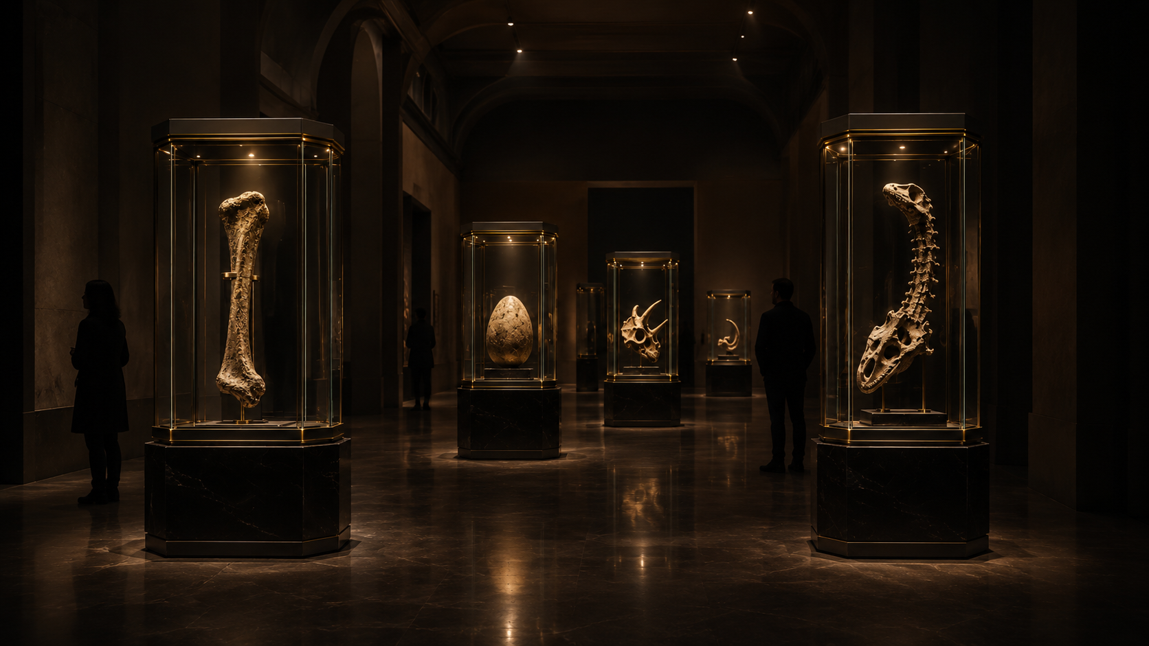 Dark museum gallery with fossil displays